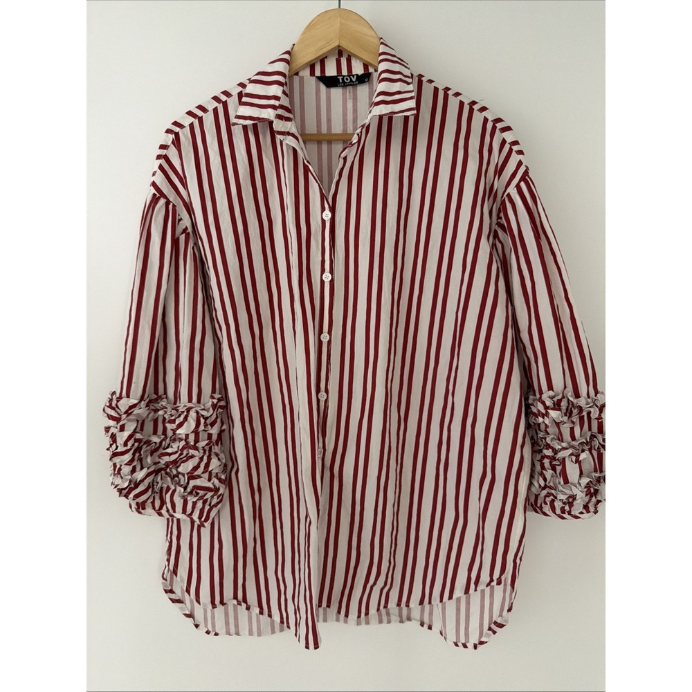 TOV Los Angeles Red White Stripe Button Up 42 Puff Ruffle Sleeves Designer LA